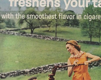 salem cigarettes commercial Advertisement, Menthol, "Take a Puff It's Springtime" Couple with Irish Setter, Original Magazine Ad, USA, 1962 Salem Smokes Easy img11006