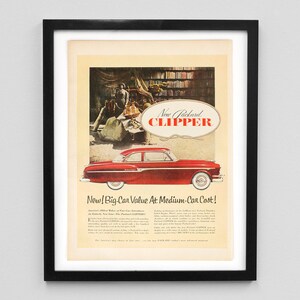 May include: A vintage advertisement for the New Packard Clipper car. The ad features a red car with a white interior and the text "New Packard Clipper" and "New! Big-Car Value At Medium-Car Cost!"