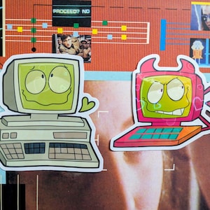May include: Two cartoon computer stickers. One is a light green desktop computer with a smiling face and a heart. The other is a pink laptop with a devilish face. The background has the text "PROCEED? NO".