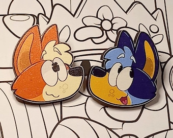 Bluey and Bingo Aussie Heeler Dog Inspired Wooden Pins (1.5")