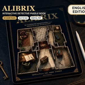 May include: The Alibrix interactive detective puzzle book features 80 illustrated investigation files with 5x5 to 9x9 grids. The cover displays a top-down floor plan of a room with furniture, a key, a magnifying glass, and a white stylus pen.