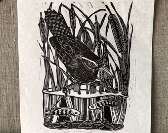 Wren Linocut Print, "Wren in the Cattails", Handmade Linocut Print