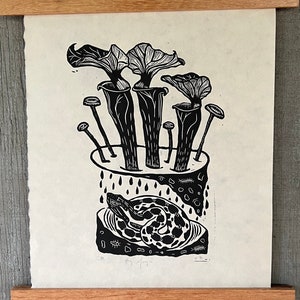 Snake and Pitcher Plant Linocut Print, "Bog Magic", Handmade Linocut Print