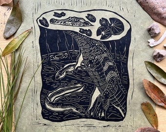 Alligator Linocut, "Karst Swimming", Handmade Linocut Print
