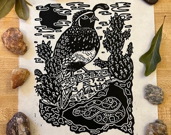 Quail Linocut Print, "Sonaran Morning", Handmade Linocut Print