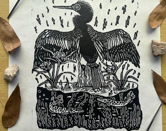 Anhinga Print, "Anhinga Morning", Handmade Linocut print