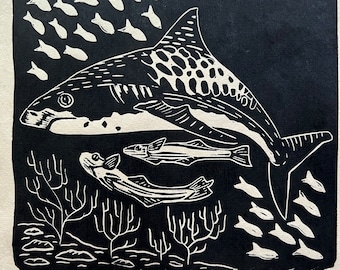 Tiger Shark Print, Handmade Linocut Print
