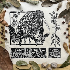 Limpkin Linocut Print, &quot;Limpkin in the Flowers&quot;, Handmade Linocut