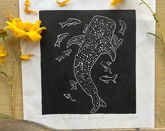 Whale Shark Print, Handmade Linocut Print