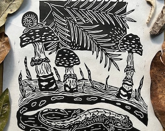 Salamander and Mushroom Print, "Ravine Dwellers II", Handmade Linocut Print