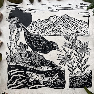 Impression montagne, louche et truite, « Down Valley », linogravure faite main