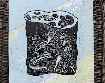 Alligator Linocut printed on 1950s Cape Canaveral USGS map -Handmade Linocut Print