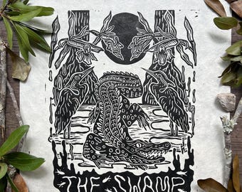 Alligator and Swamp Linocut, "The Swamp", Handmade Linocut Print