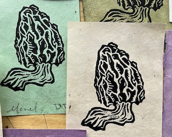 Mini Mushroom (Morel) Linocut Print