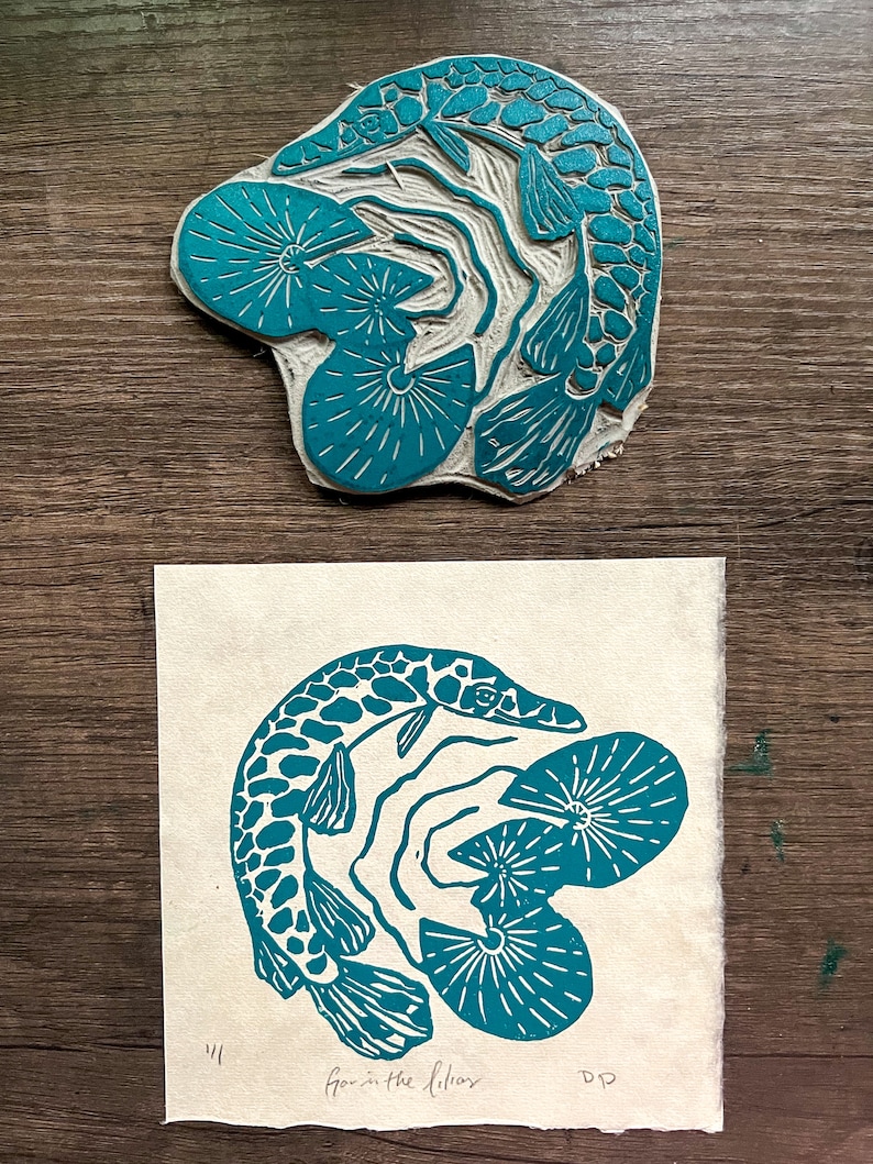 Gar Linocut Print, "gar in the Lilies", Handmade Linocut Print - Etsy