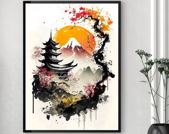 Japanese Landscape Digital Art Print, AI Generated, Wall Art, AI Art, Digital Download, Home Decor, Printable
