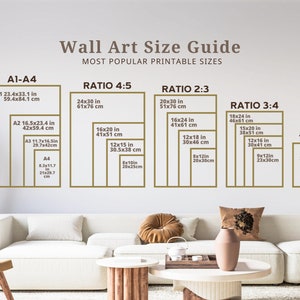 May include: A chart showing the most popular printable sizes for wall art. The chart is divided into four sections: A1-A4, Ratio 4:5, Ratio 2:3, and Ratio 3:4. Each section shows the dimensions of the different sizes in inches and centimeters.