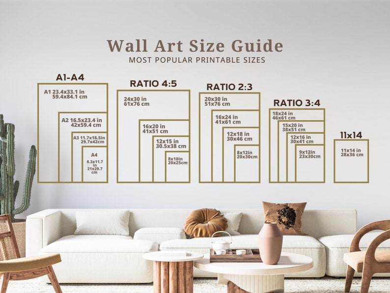 May include: A chart showing the most popular printable sizes for wall art. The chart is divided into four sections: A1-A4, Ratio 4:5, Ratio 2:3, and Ratio 3:4. Each section shows the dimensions of the different sizes in inches and centimeters.
