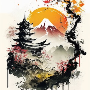 May include: A black and white watercolor painting of a Japanese pagoda, a mountain, and a cherry blossom tree. The pagoda is in the foreground, and the mountain is in the background. The cherry blossom tree is on the right side of the image. The painting is done in a traditional Japanese style.