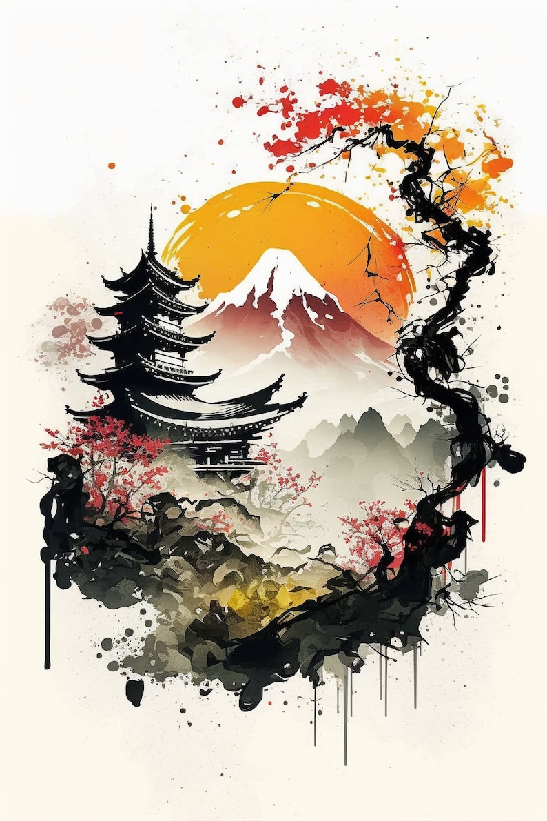 May include: A black and white watercolor painting of a Japanese pagoda, a mountain, and a cherry blossom tree. The pagoda is in the foreground, and the mountain is in the background. The cherry blossom tree is on the right side of the image. The painting is done in a traditional Japanese style.