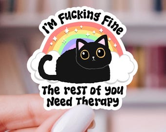 Black Cat Sticker | Vinyl Kindle Sticker | Mental Health Stickers, Therapist Gifts, Everything Is Fine