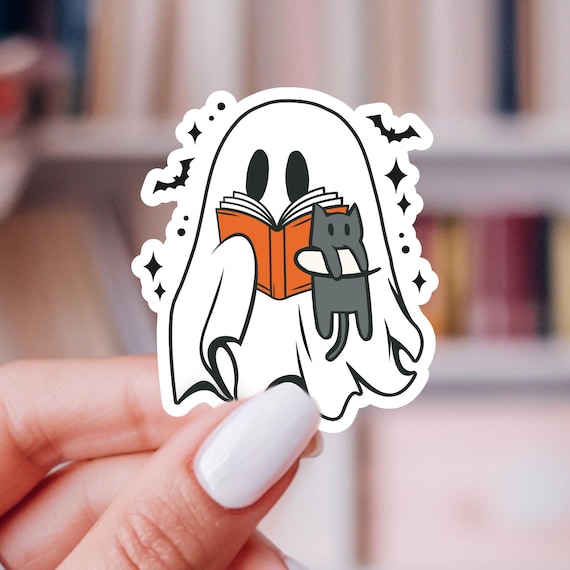 Bookish Ghost Holding Cat Sticker | Halloween Vinyl Decal