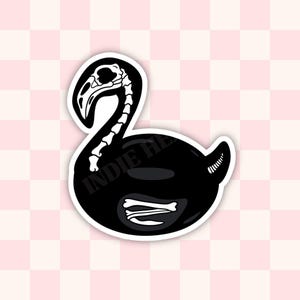 May include: Black and white sticker of a skeleton flamingo. The flamingo is in a classic pose with its neck curved and head tilted down. The sticker has a white outline.