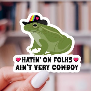 Ain&#39;t Very Cowboy Frog Sticker | Retro Rainbow | Human Rights, Social Justice, LGBTQIA, Pro Choice, Women&#39;s Rights