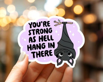 Kawaii Bat Hang In There Sticker: Spooky Bookish Vinyl Decal