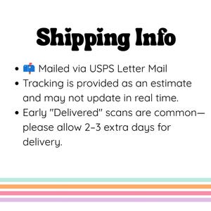 May include: A white informational graphic with the bold black heading Shipping Info. Below the heading, a blue mailbox icon precedes text detailing USPS letter mail procedures, tracking estimates, and delivery timeframes for postal shipments.