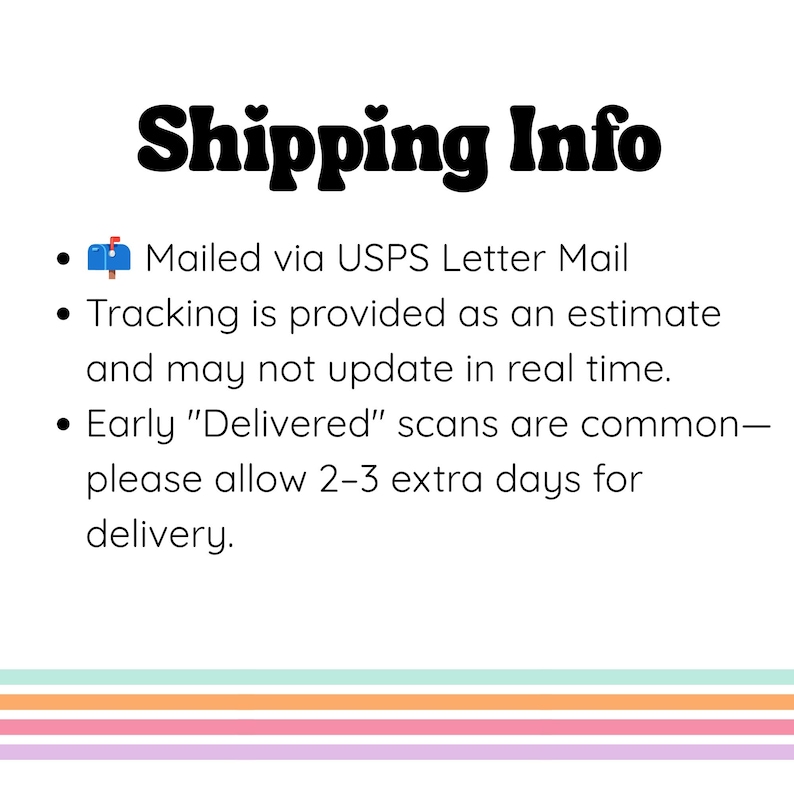 May include: A white informational graphic with the bold black heading Shipping Info. Below the heading, a blue mailbox icon precedes text detailing USPS letter mail procedures, tracking estimates, and delivery timeframes for postal shipments.