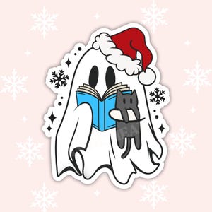 Bookish Ghost With Cat Vinyl Sticker | Durable, Water-Resistant | Kindle, Laptop, Planner | Book Lover Gift, Stocking Stuffer