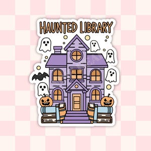 May include: A purple haunted house with a sign that reads "Haunted Library". The house has a door, windows, and a chimney. There are ghosts and bats flying around the house. There are also pumpkins and stacks of books in front of the house.