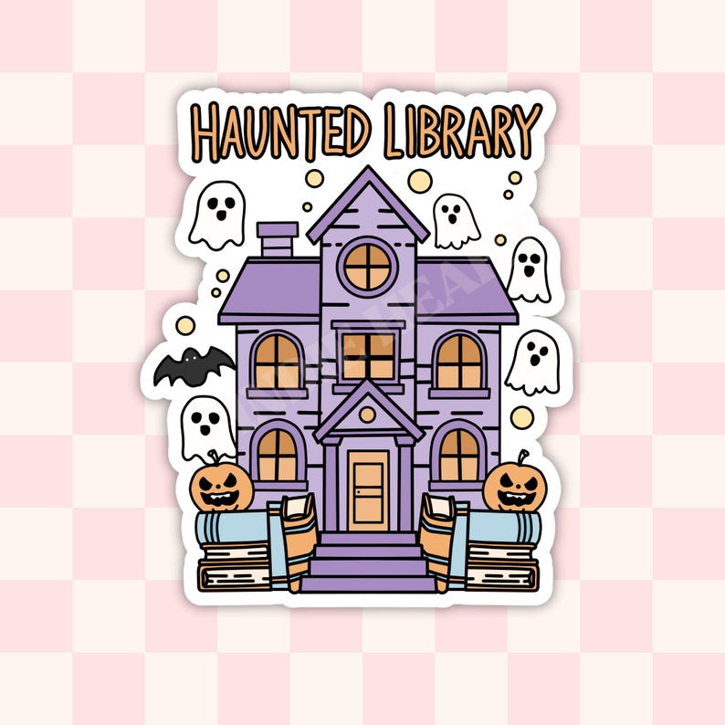May include: A purple haunted house with a sign that reads "Haunted Library". The house has a door, windows, and a chimney. There are ghosts and bats flying around the house. There are also pumpkins and stacks of books in front of the house.
