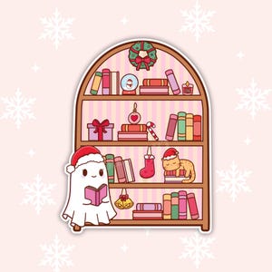 Holiday Bookshelf With Ghost And Cat Vinyl Sticker | Durable, Water-Resistant | Kindle, Laptop, Planner | Book Lover Gift, Stocking Stuffer