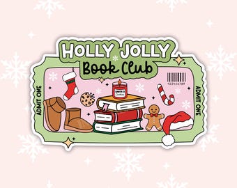 Può includere: Un biglietto verde e rosa con il testo "HOLLY JOLLY Book Club" e un codice a barre. Il biglietto presenta illustrazioni di una calza, un biscotto, una candela, libri, un omino di pan di zenzero, una canna di zucchero e un cappello di Babbo Natale.