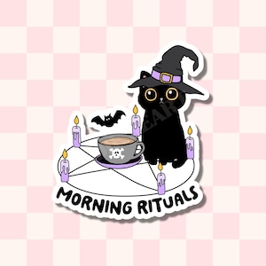 Morning Rituals Witchy Sticker | Black Cat Coffee Decal | Holographic Halloween Witch | Cat Lover Gift | Kindle Laptop Water Bottle
