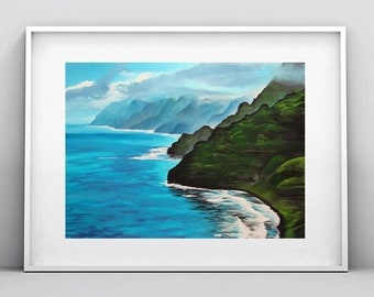 May include: A painting of a lush green mountainside with a rocky coastline and blue ocean water. The sky is a light blue with white clouds.
