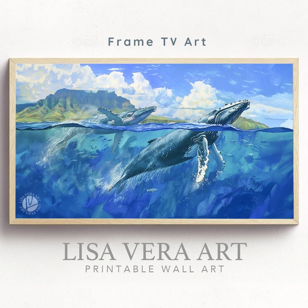 Frame TV Art - Humpback Whales Oil Painting DOWNLOAD, Underwater Scene, Hawaii Seascape Digital Art, Tropical Frame TV Wall Art Wallpaper