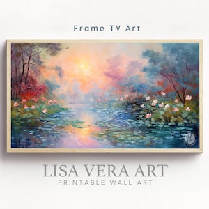Frame TV Art - Monet Style Lily Pond digital Oil Painting, Impressionist Water Lily pads Lake Wall Art, Landscape 3D Textured Art Download