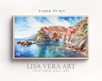 Samsung Art TV Frame, Cinque Terre Italy Digital Watercolor Painting, Italian Coastal Town Landscape TV Frame Instant Download Screensaver