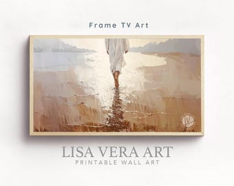 Könnte beinhalten: Gerahmter Druck mit dem Titel "Frame TV Art", der ein Gemälde einer Person zeigt, die im Wasser geht. Das Kunstwerk verwendet eine neutrale Farbpalette mit Beige-, Braun- und Weißtönen. Der Name des Künstlers, Lisa Vera Art, wird darunter angezeigt.