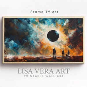 Può includere: Un dipinto astratto incorniciato con uno schema di colori blu scuro, turchese e arancione. Il dipinto raffigura un grande cerchio nero con una stella bianca brillante al centro, circondato da nuvole vorticose. Quattro figure si ergono in silhouette in primo piano, guardando verso l'alto il cerchio.