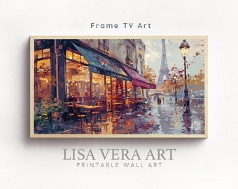 May include: A painting of a Parisian street scene with a cafe, the Eiffel Tower in the distance, and a street lamp. The cafe has a red awning and is lit up at night. The street is wet from rain and the reflection of the lights can be seen in the puddles.
