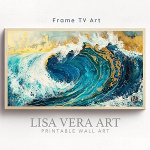 May include: A framed abstract painting of a blue and gold wave. The wave is painted in a swirling, fluid style, with hints of white foam. The painting is framed in a light wood frame.