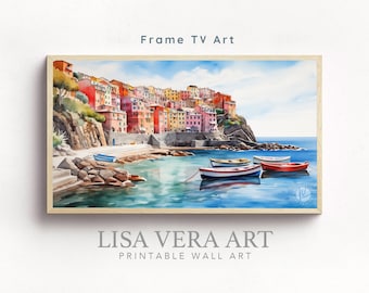 Samsung Art TV Frame, Cinque Terre Italy Digital Watercolor Painting, Italian Coastal Town Landscape TV Frame Instant Download Screensaver