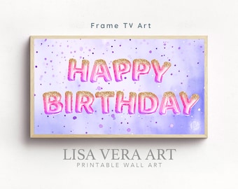 Samsung Frame Tv Art, Happy Birthday Frame TV 4K Art, Digital Download, Pink Purple Birthday Balloons Frame Birthday party decor for girl