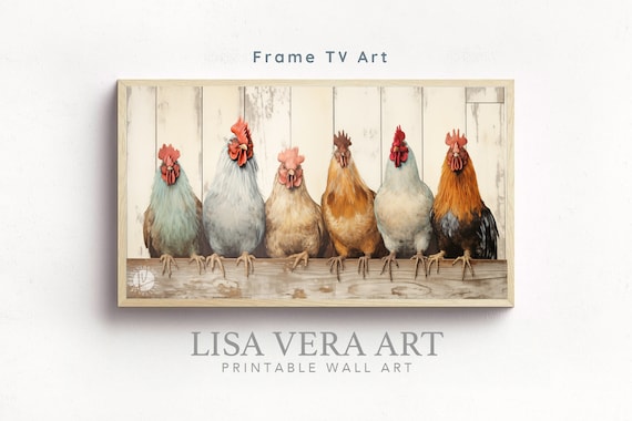 Frame TV Art, Farmhouse Roosters Painting Instant Download, Country Chickens Frame TV Art, Textured Vintage Rooster Art TV Wallpaper