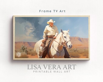 May include: A framed painting of a cowboy riding a white horse in a desert landscape. The cowboy is wearing a white hat and a light-colored shirt. The sky is blue with white clouds. The painting is titled "LISA VERA ART PRINTABLE WALL ART".