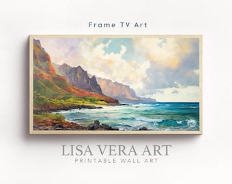 May include: A framed painting of a coastal landscape with a rocky shoreline, turquoise water, and a cloudy sky. The painting is titled "LISA VERA ART PRINTABLE WALL ART".